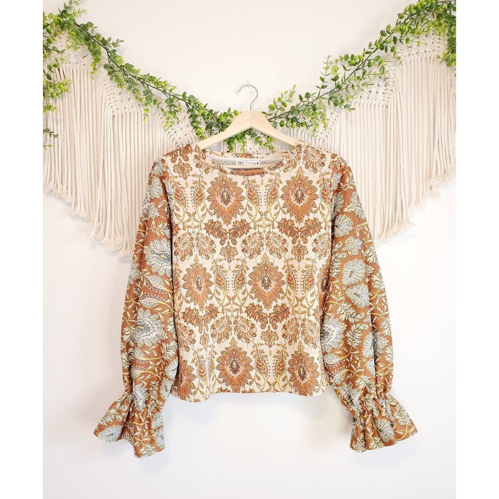 ZARA Paisley Jacquard Long Puff Balloon Sleeve Top, Size Medium.